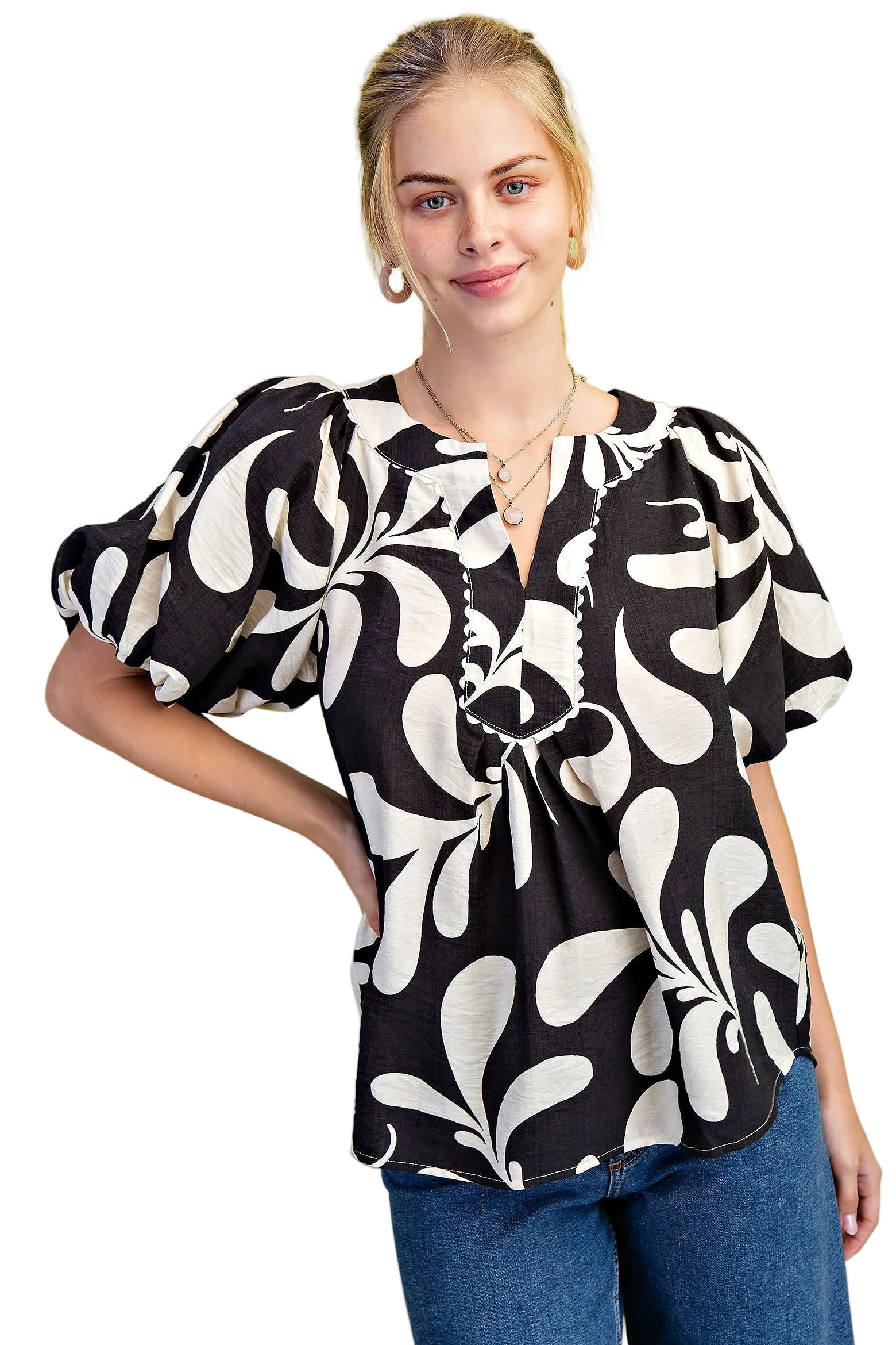 Women's Gigio Olive Or Black Mix Printed Slit Neck Top 