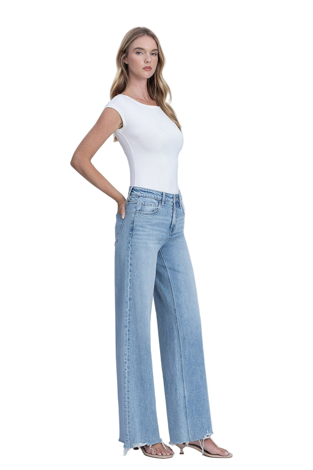 Women's Flying Monkey High Rise Medium Light Wash Raw Hem Wide Jeans F9053