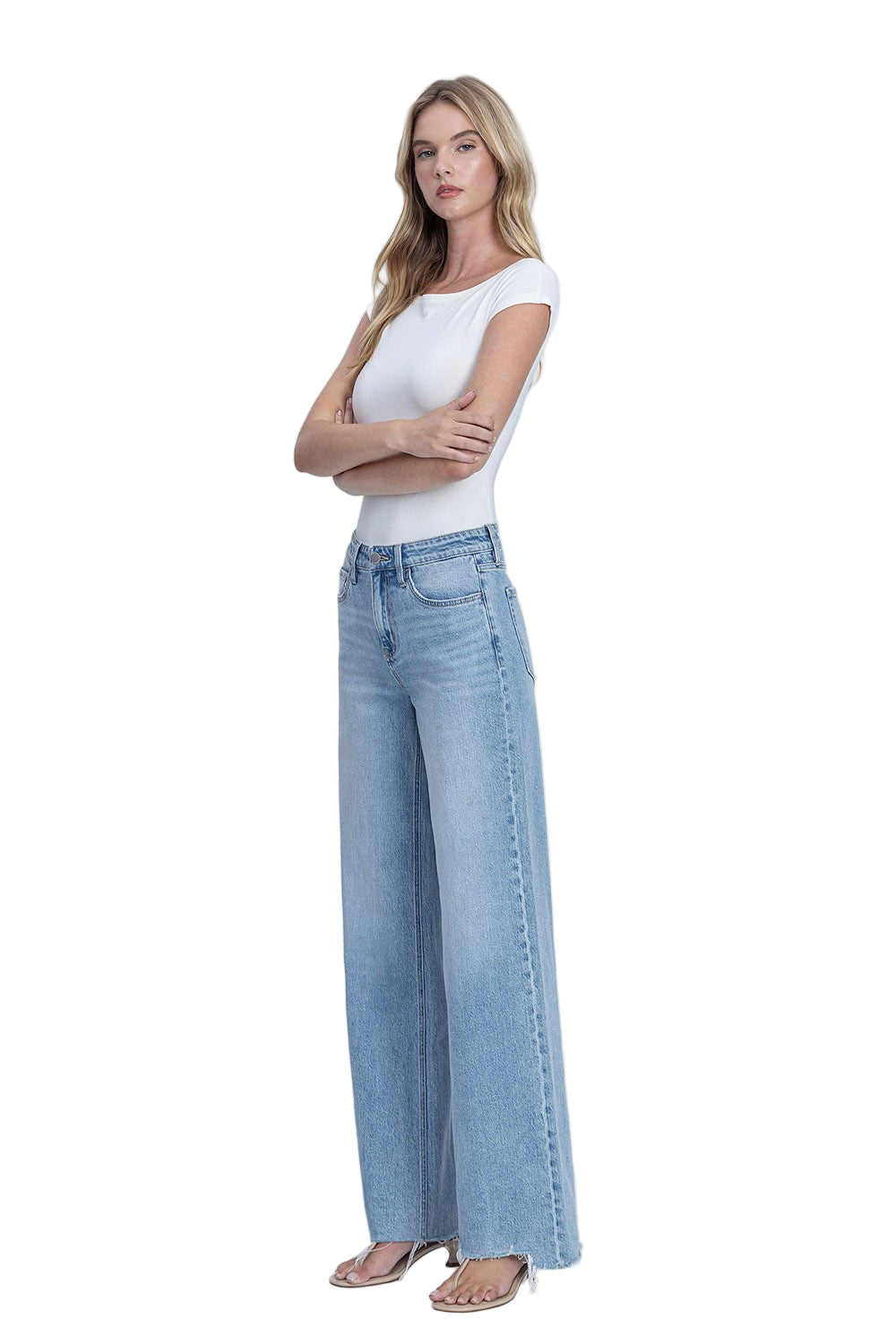 Women's Flying Monkey High Rise Medium Light Wash Raw Hem Wide Jeans F9053