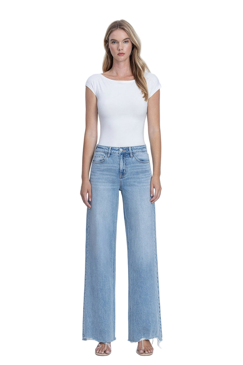 Women's Flying Monkey High Rise Medium Light Wash Raw Hem Wide Jeans F9053