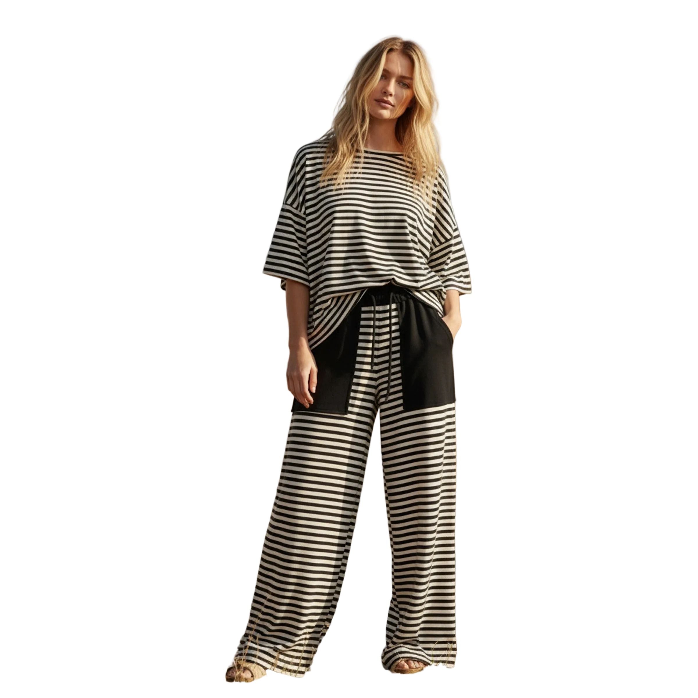 Women's Black/Cream Striped Knit Lounge Set SNS2220