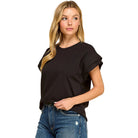 Women's Cotton Spandex Cuffed Sleeve Top T1827