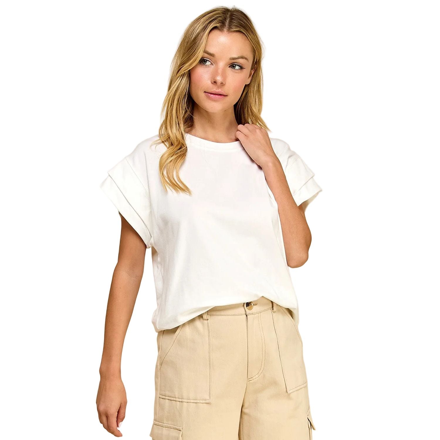 Women's Cotton Spandex Cuffed Sleeve Top T1827