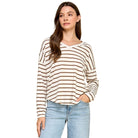 Women's Brown and White Striped V-neck Knit Top T1692