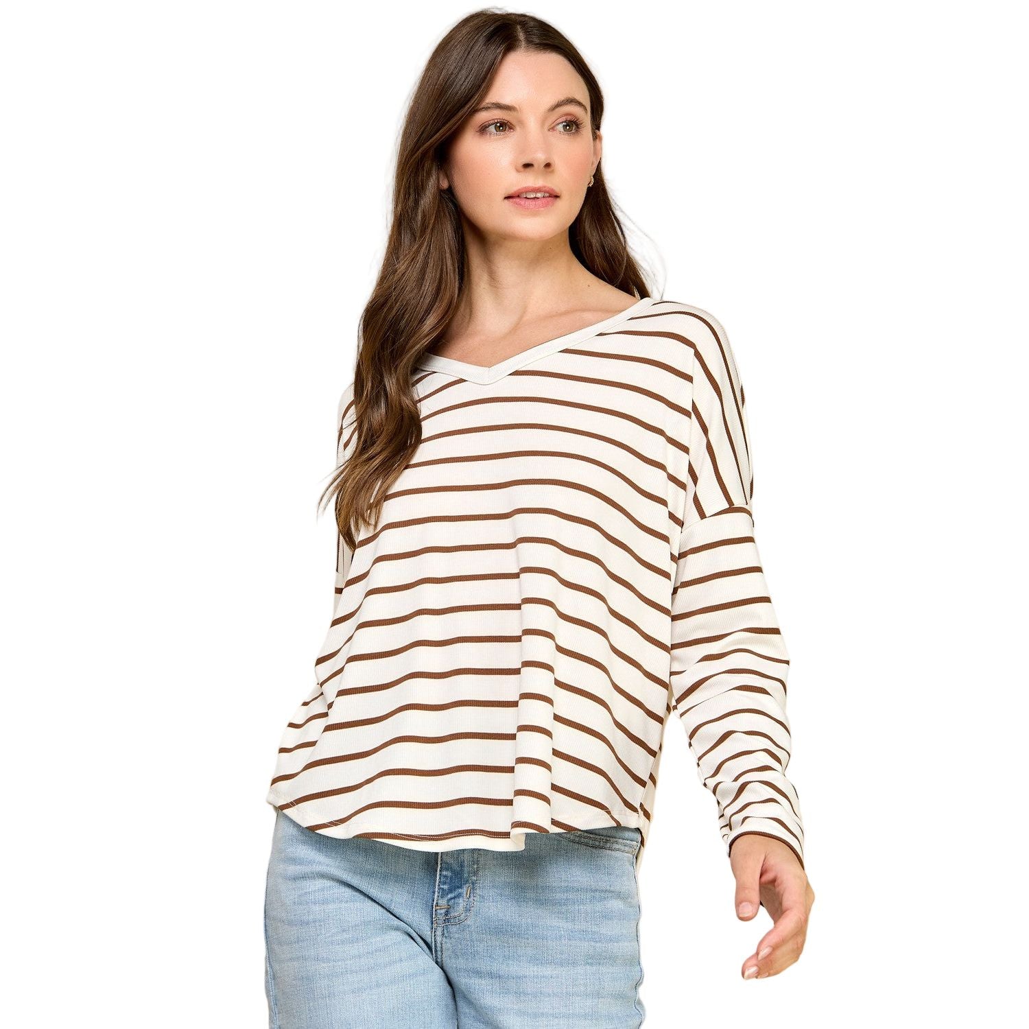 Women's Brown and White Striped V-neck Knit Top T1692