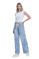 Vervet Women's High Rise Drawstring WB Floral Print Wide Jeans 