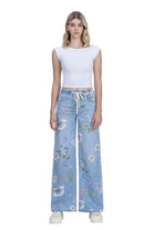 Vervet Women's High Rise Drawstring WB Floral Print Wide Jeans 