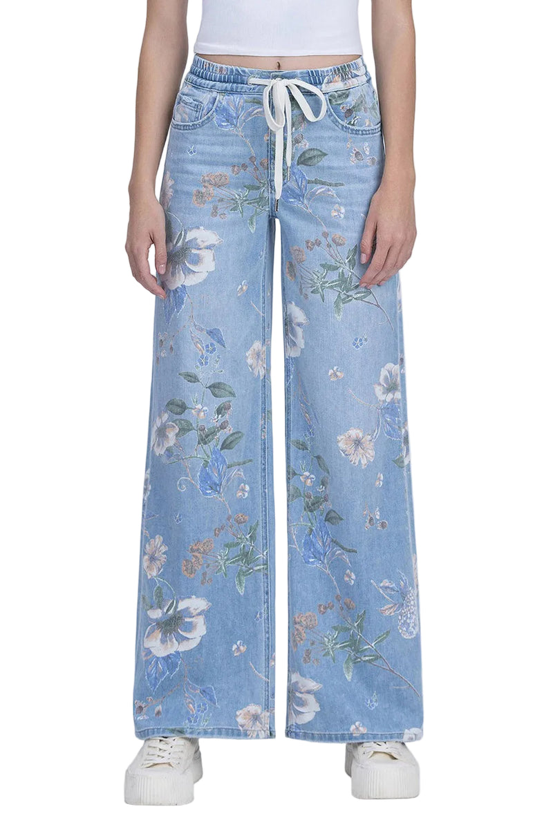 Vervet Women's High Rise Drawstring WB Floral Print Wide Jeans 