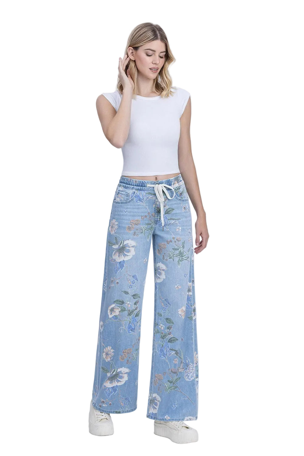 Vervet Women's High Rise Drawstring WB Floral Print Wide Jeans 