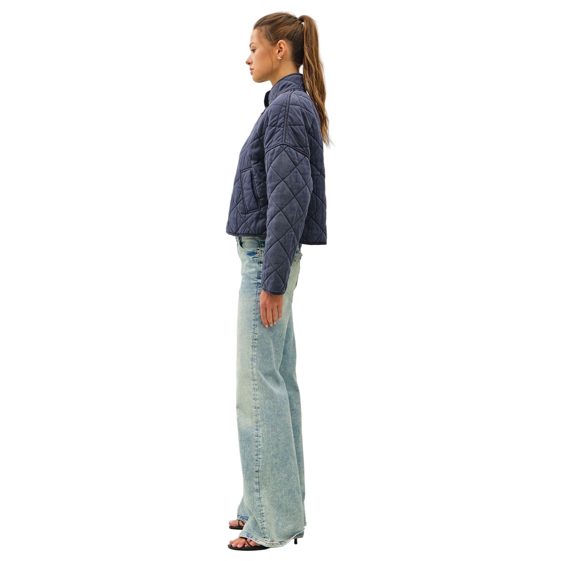Women's Charcoal Blue Garment Washed Quilt Crop Jacket 31566