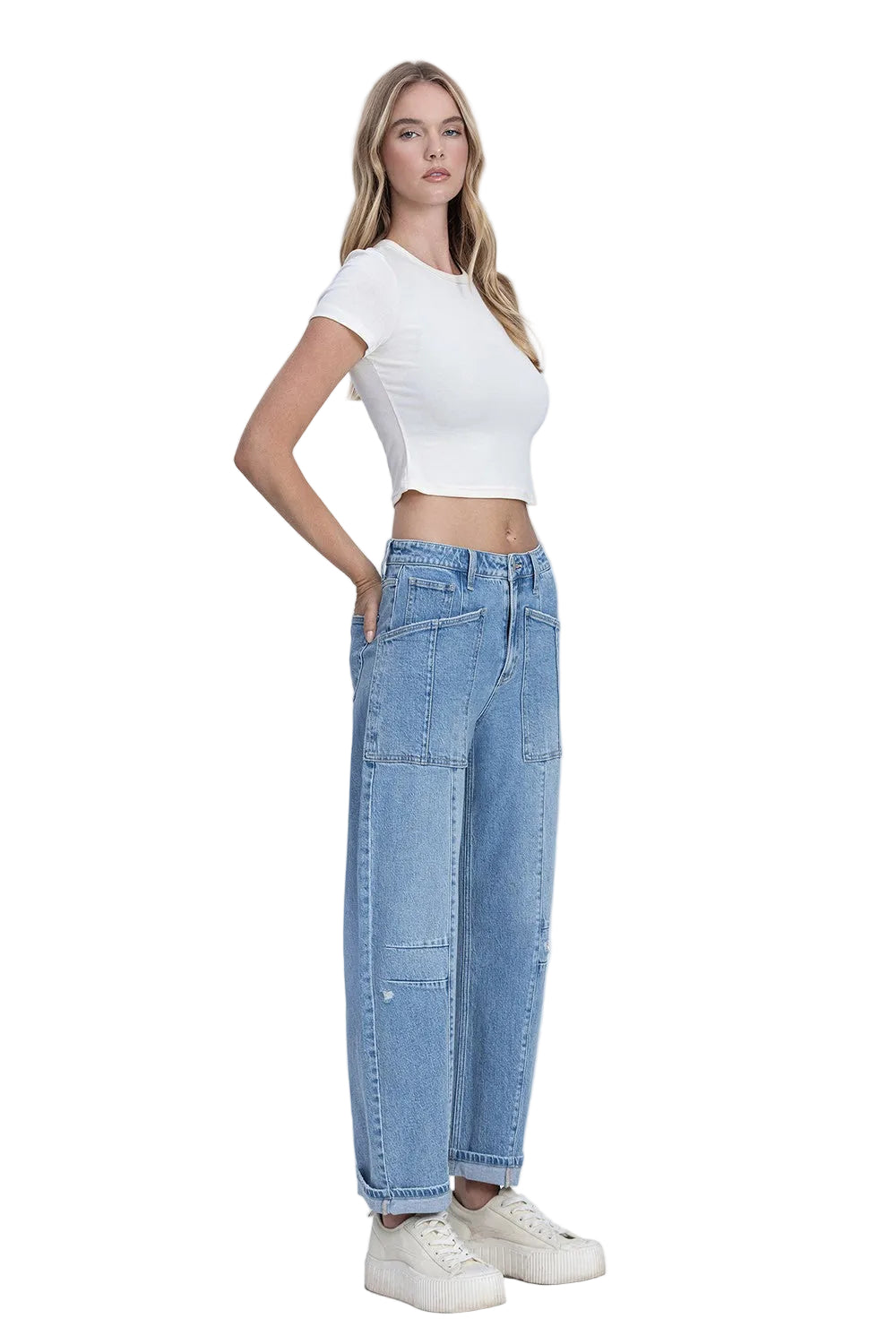 Women's Flying Monkey Super High Rise Patch Pocket Cuffed Barrel Jeans F9134