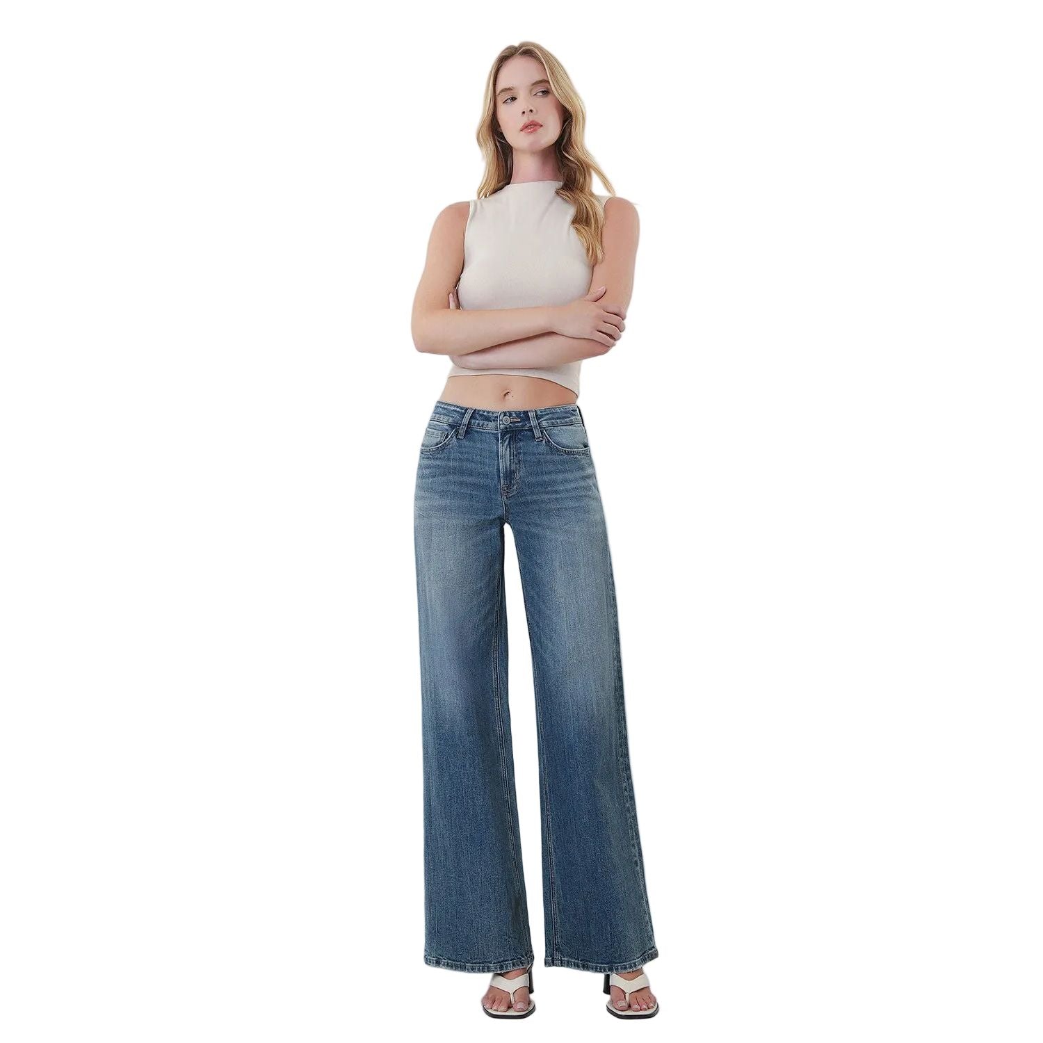 Women's Flying Monkey Mid Rise Medium Dark Wash Wide Leg Jeans F6408