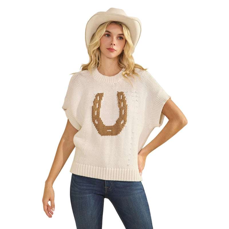 Women's Western Horseshoe Short Sleeve Sweater Top SDW6377