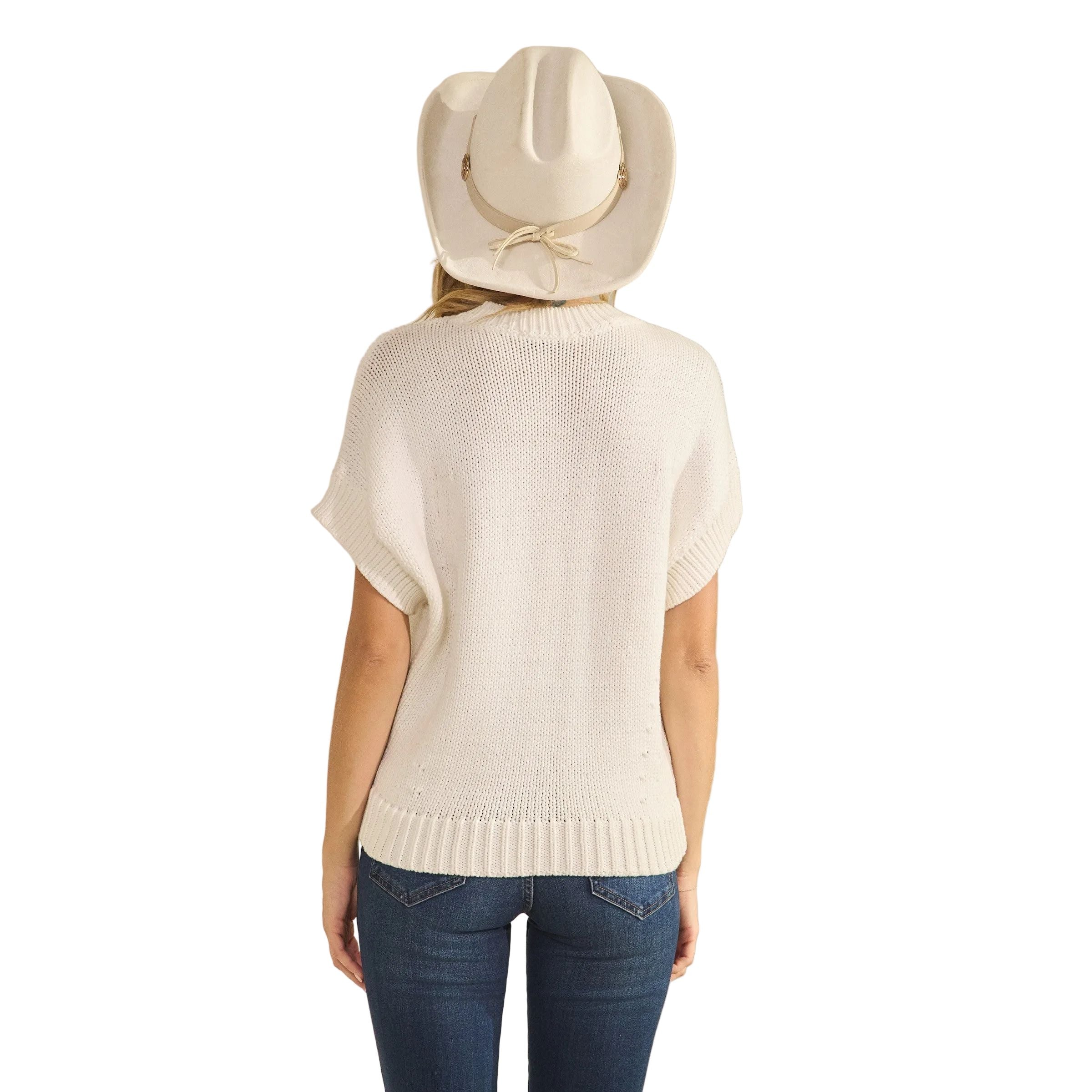 Women's Western Horseshoe Short Sleeve Sweater Top SDW6377