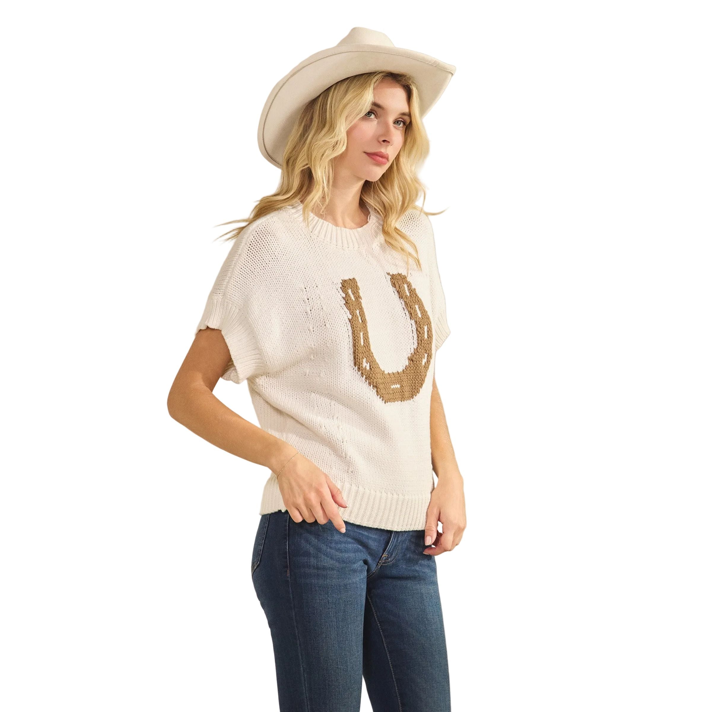 Women's Western Horseshoe Short Sleeve Sweater Top SDW6377
