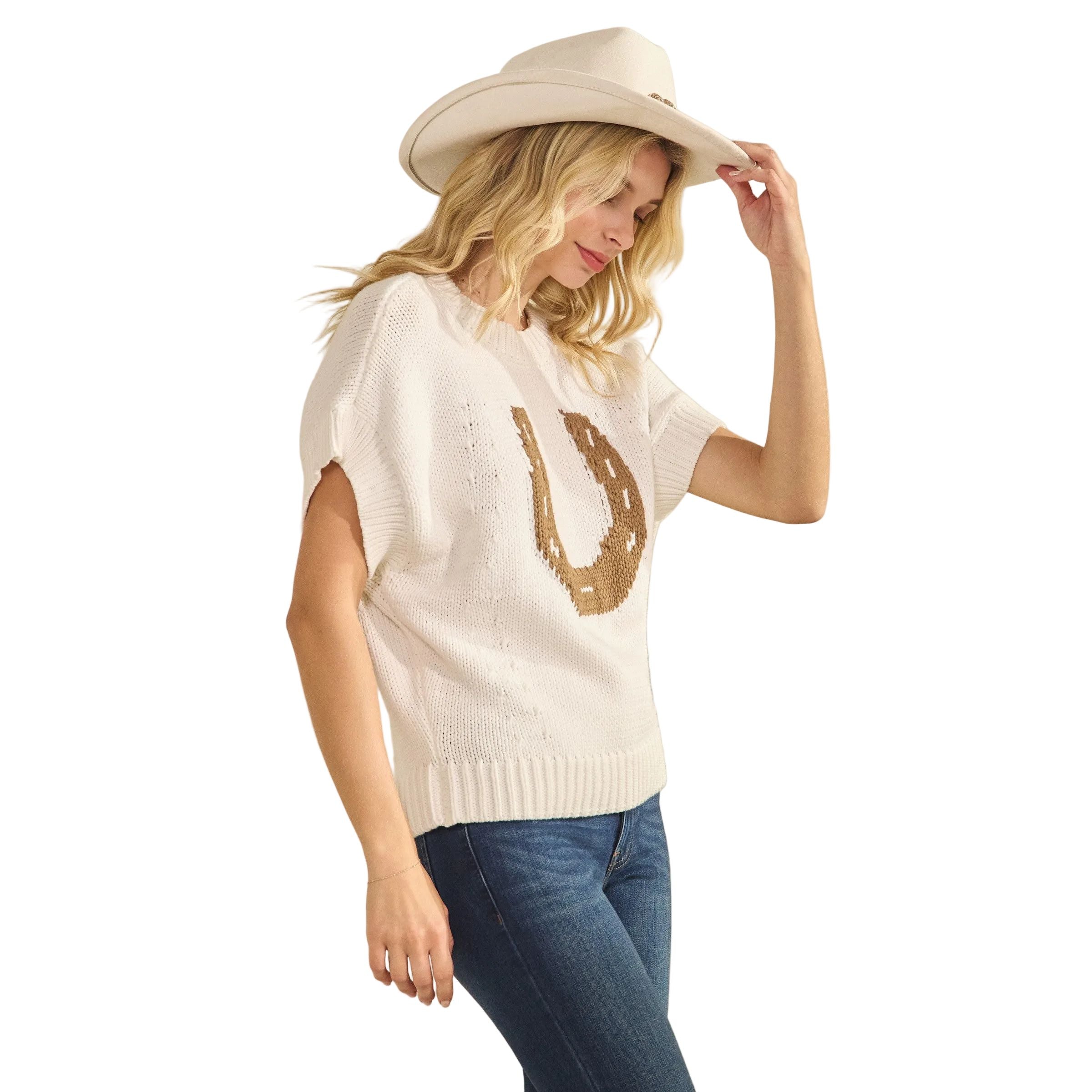 Women's Western Horseshoe Short Sleeve Sweater Top SDW6377