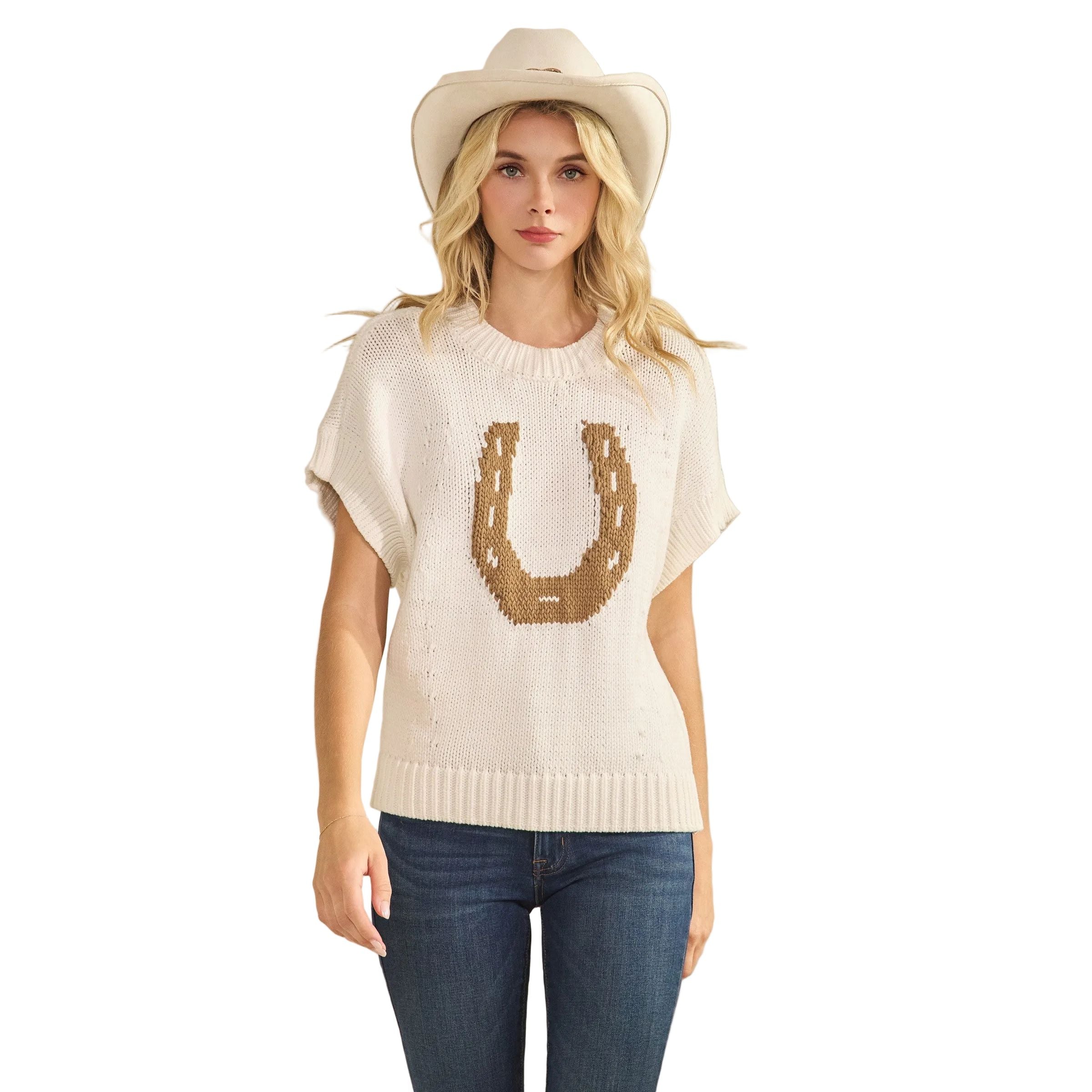 Women's Western Horseshoe Short Sleeve Sweater Top SDW6377