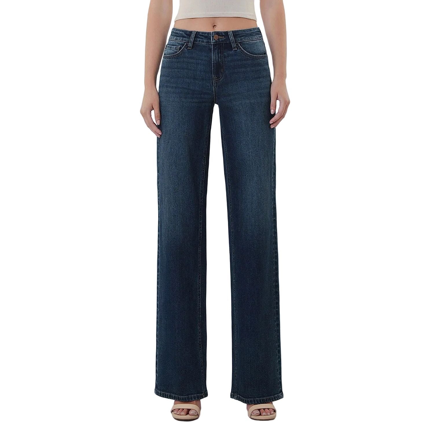 Women's Flying Monkey Mid Rise Full Length Dark Wash Wide Leg Jeans F6334