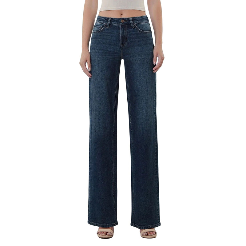 Women's Flying Monkey Mid Rise Full Length Dark Wash Wide Leg Jeans F6334