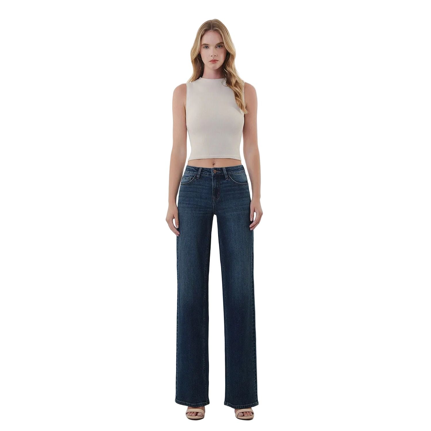 Women's Flying Monkey Mid Rise Full Length Dark Wash Wide Leg Jeans F6334