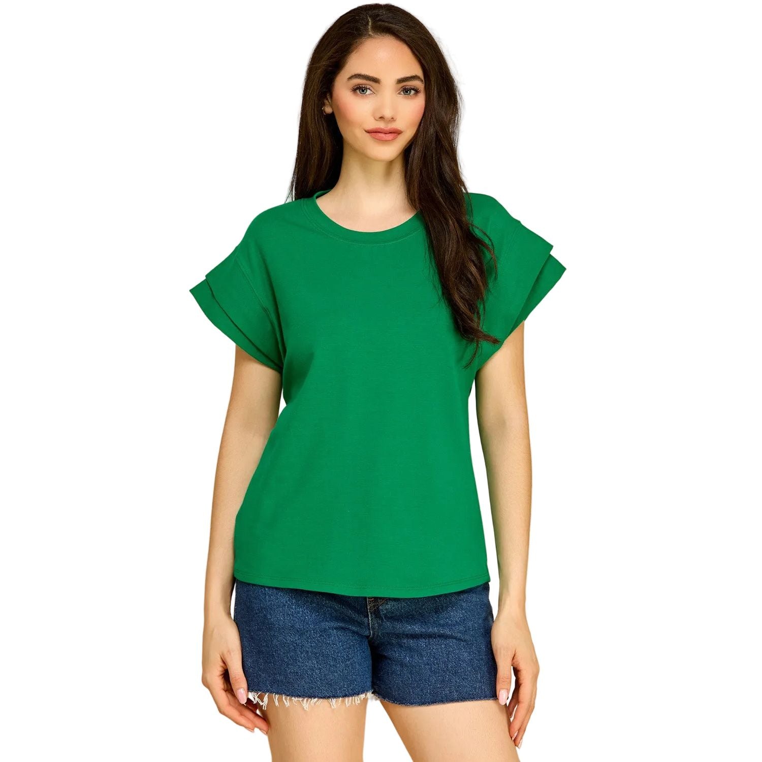 Women's Cotton Spandex Cuffed Sleeve Top T1827