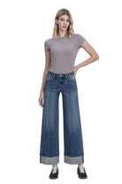 Mid Rise Pin Tuck Cuffed Baggy Wide Jeans
