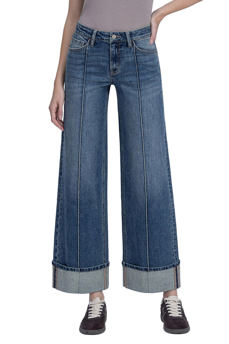 Mid Rise Pin Tuck Cuffed Baggy Wide Jeans