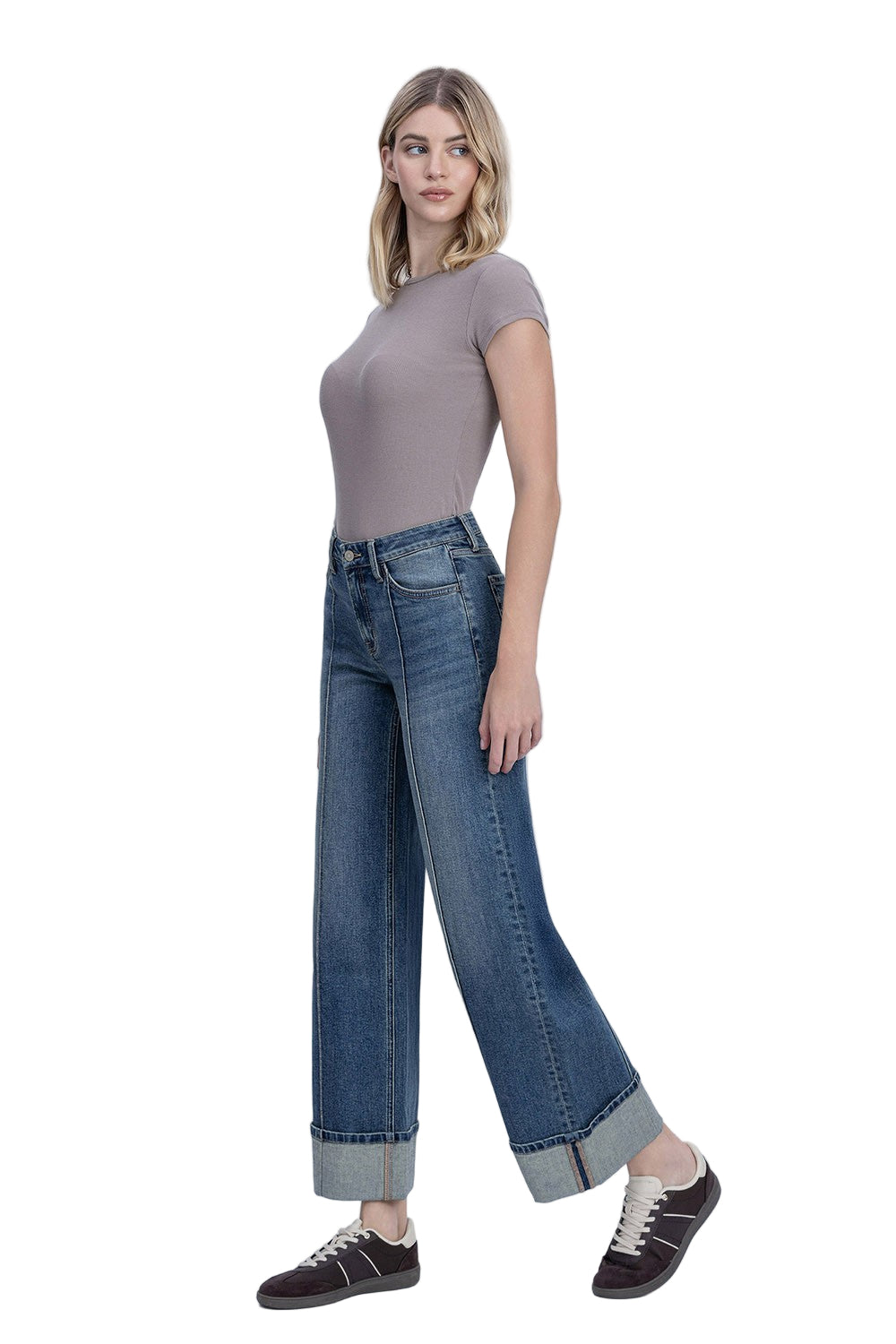 Mid Rise Pin Tuck Cuffed Baggy Wide Jeans