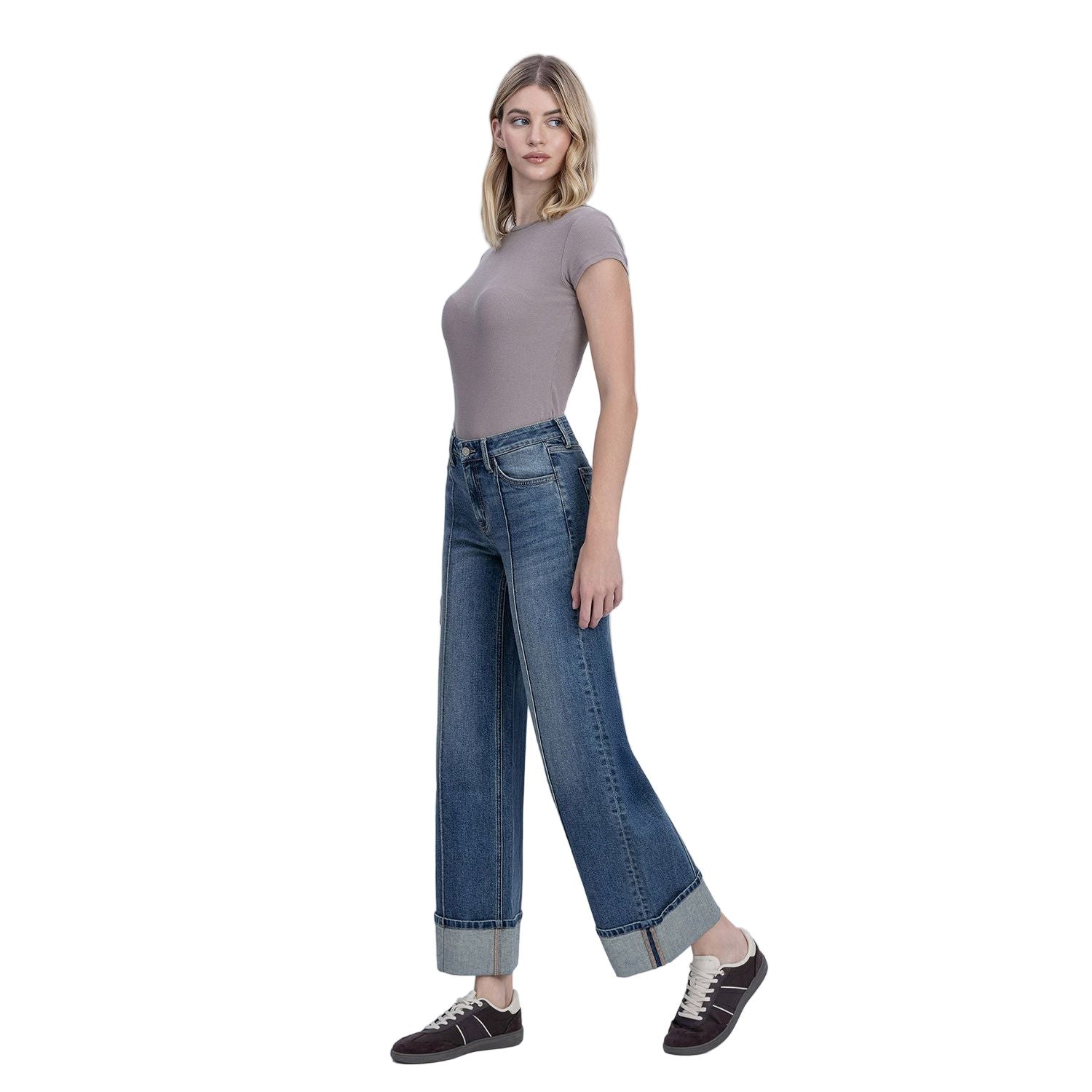 Mid Rise Pin Tuck Cuffed Baggy Wide Jeans