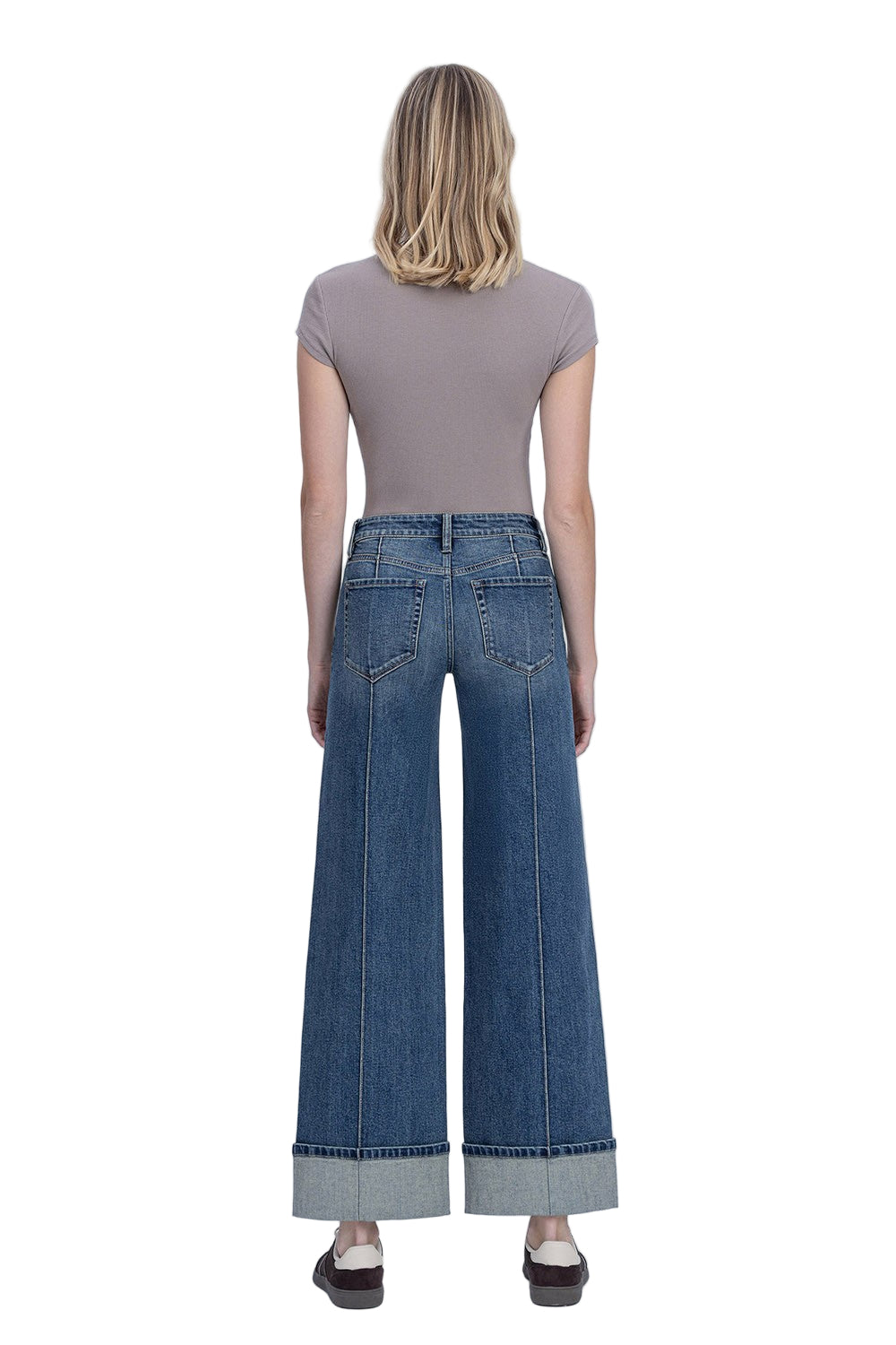 Mid Rise Pin Tuck Cuffed Baggy Wide Jeans