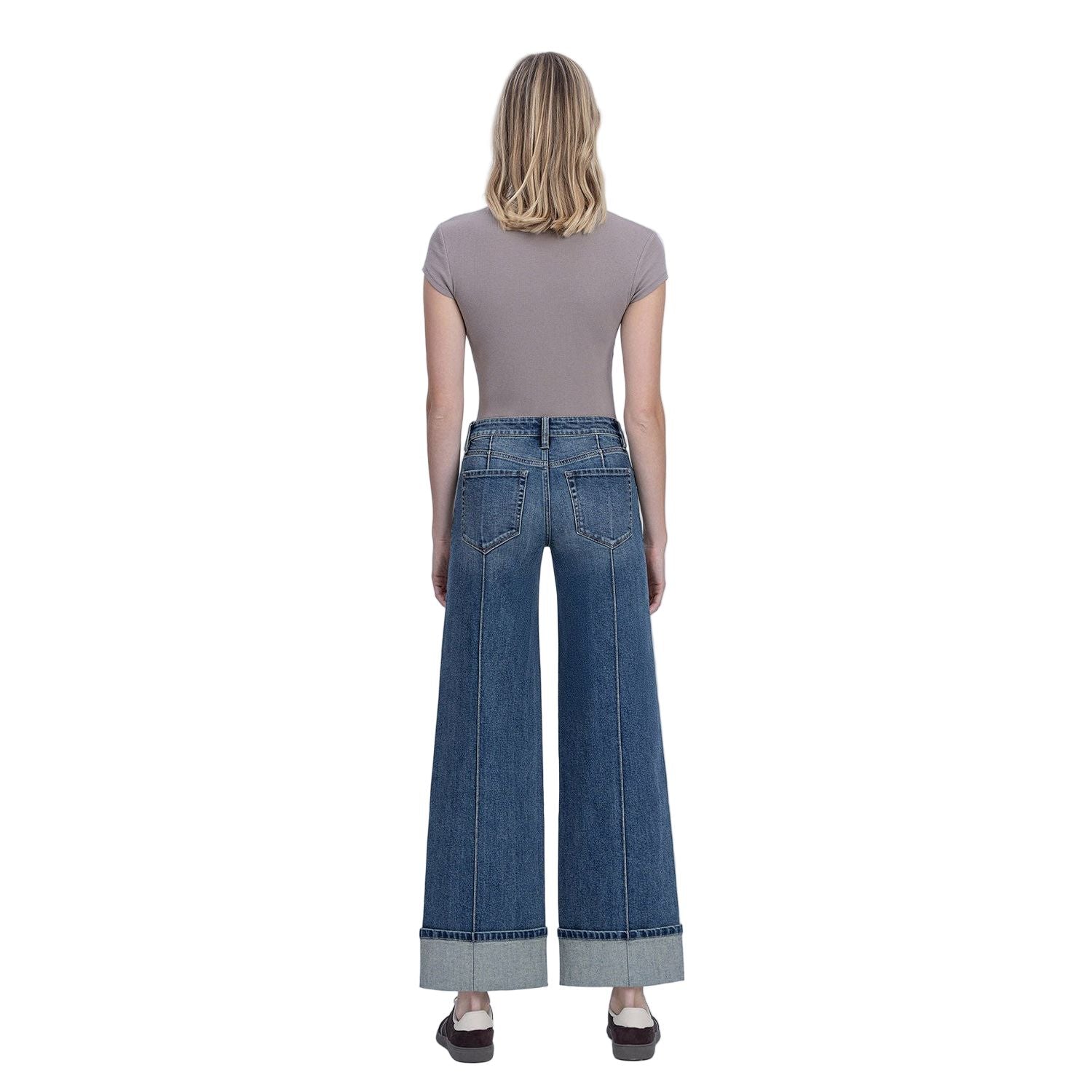 Mid Rise Pin Tuck Cuffed Baggy Wide Jeans