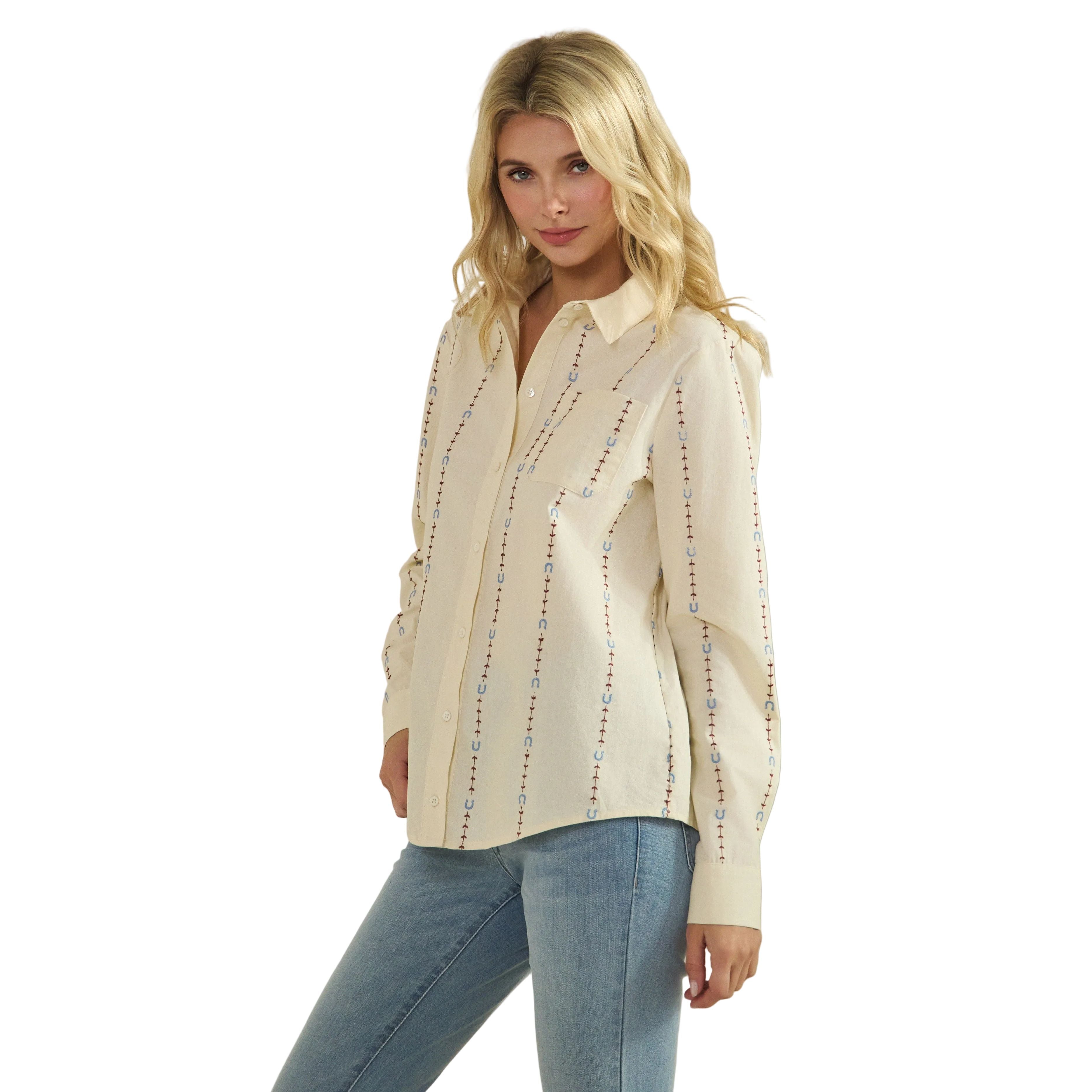 Women's Horseshoe Embroidered Fitted Shirt Blouse SDT6477