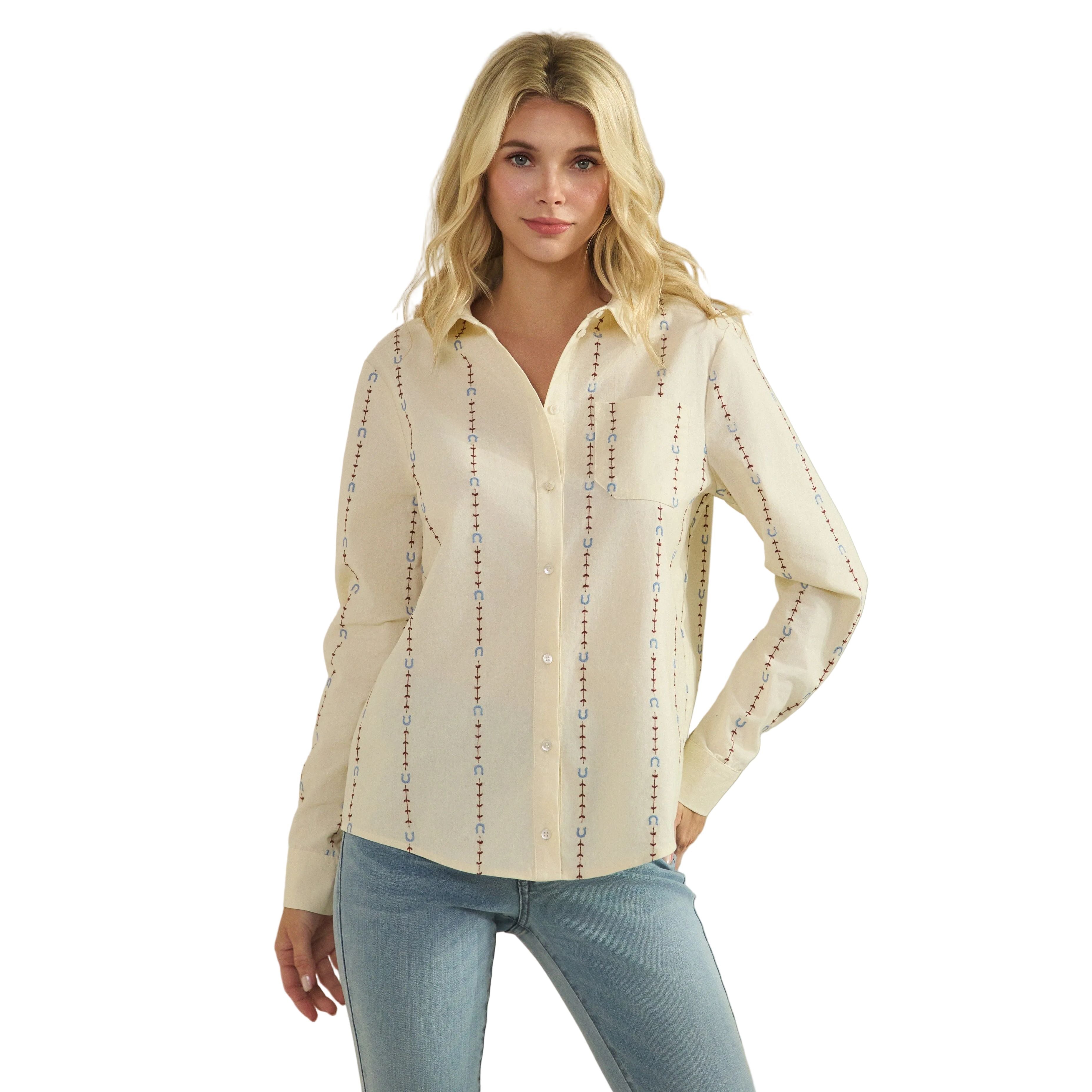 Women's Horseshoe Embroidered Fitted Shirt Blouse SDT6477