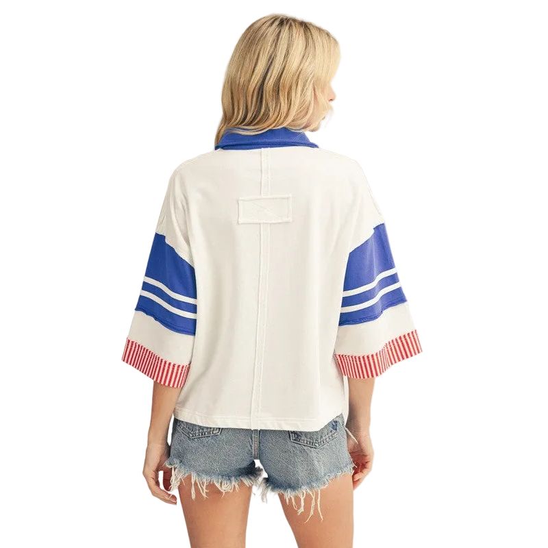 Women's Red White and Blue Raw Cut Edge Detail Color Blocked Polo Shirt R7206