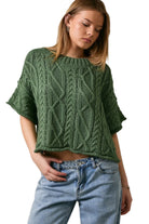 Le Lis Women's Dusty Green Cable Knit Short Sleeve Crew Neck Sweater Top 