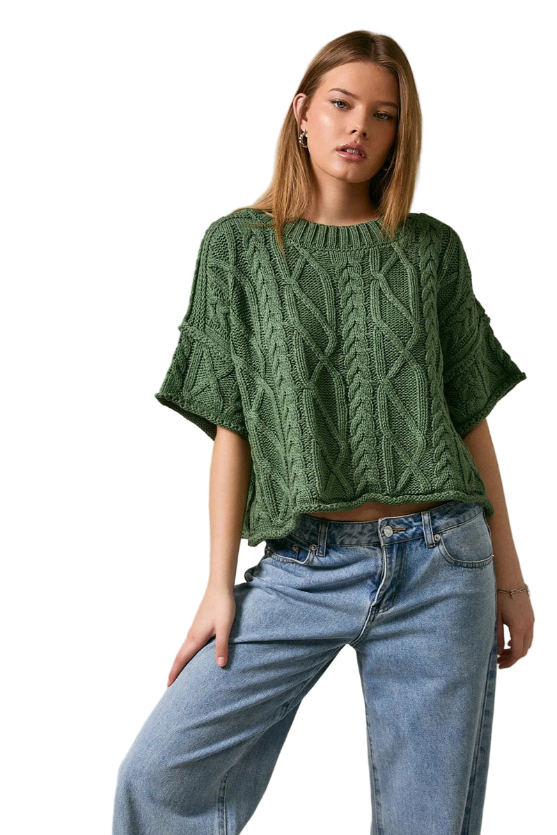 Le Lis Women's Dusty Green Cable Knit Short Sleeve Crew Neck Sweater Top 