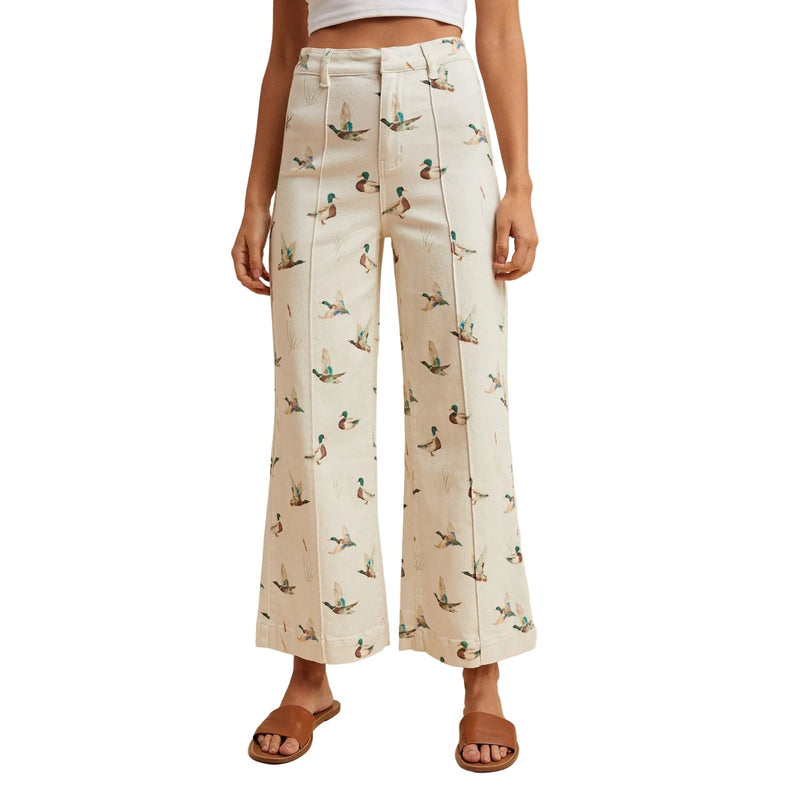 Women's Ivory Mallard Printed Stretch Denim Wide Leg Jeans AP6645J
