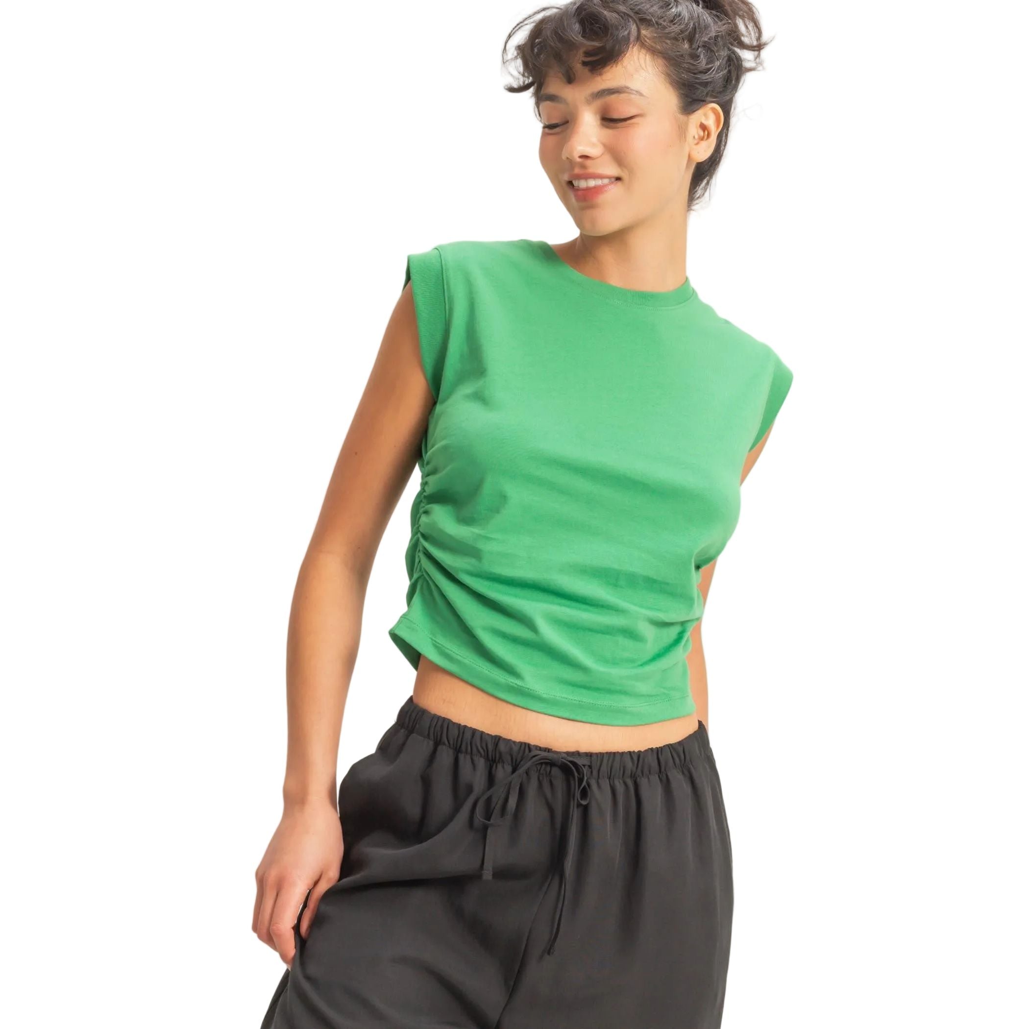 Women's Green Ruched Waist Sleeveless Cotton Top DZ26C520