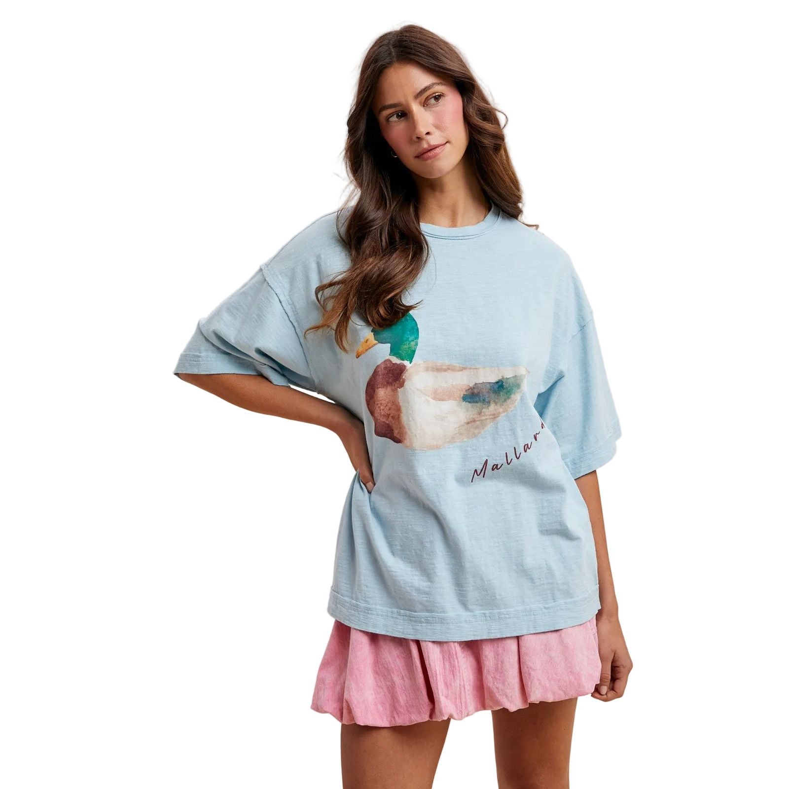 Women's Light Blue Mallard Duck Printed Oversized T-shirt AT3911J