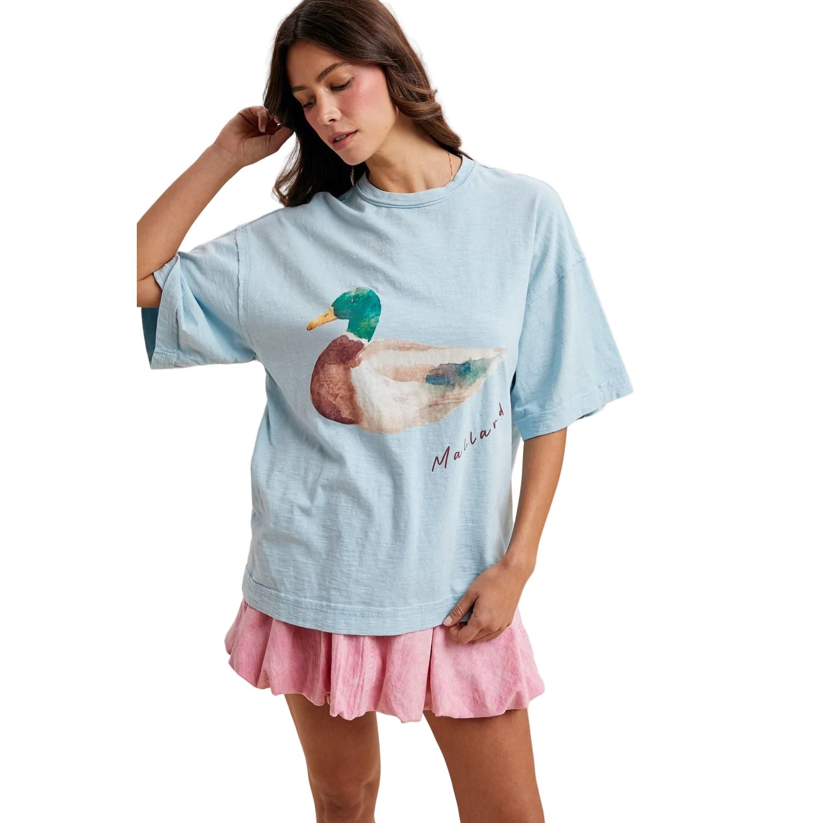 Women's Light Blue Mallard Duck Printed Oversized T-shirt AT3911J