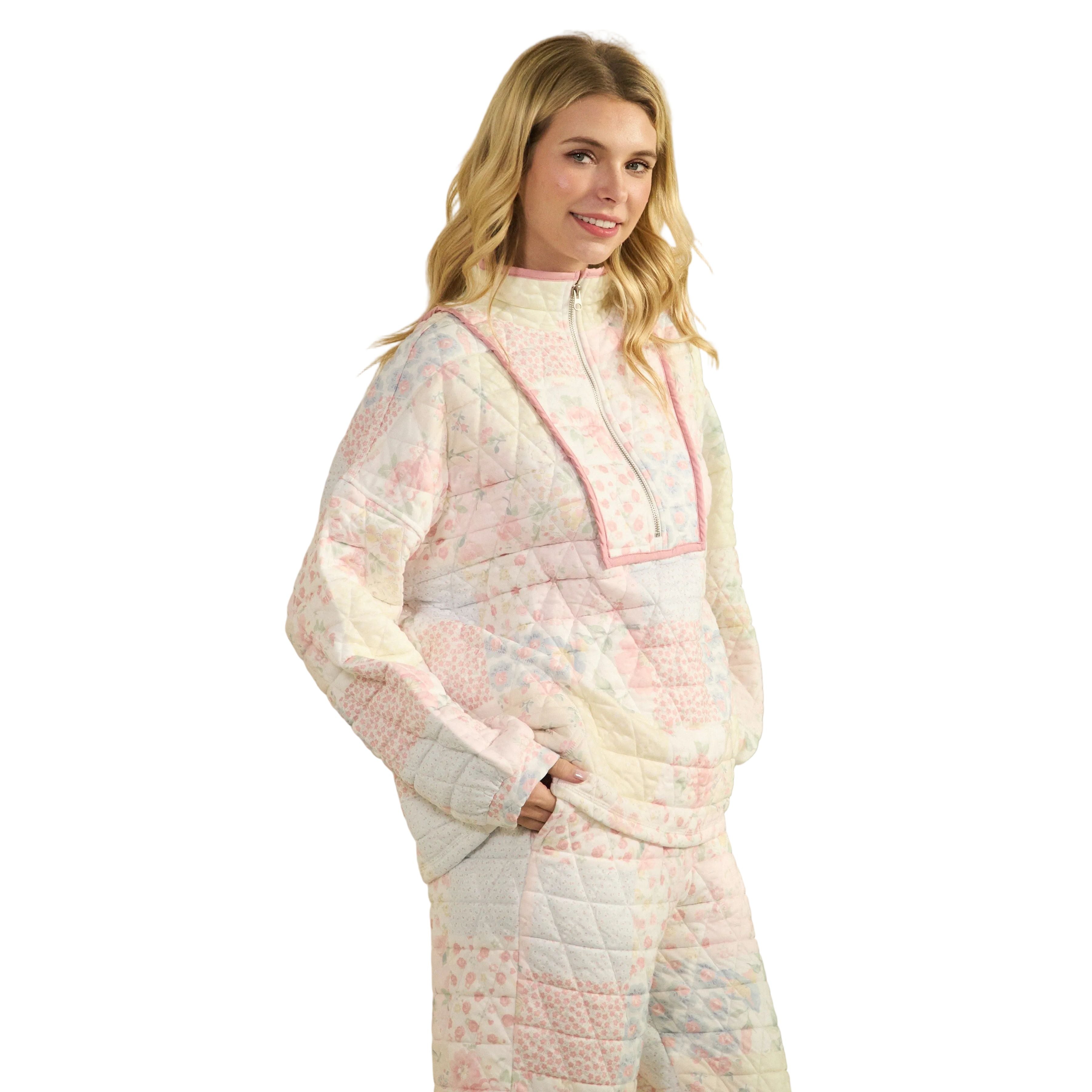 Women's Pastel Floral Textured Quarter Zip VT72523