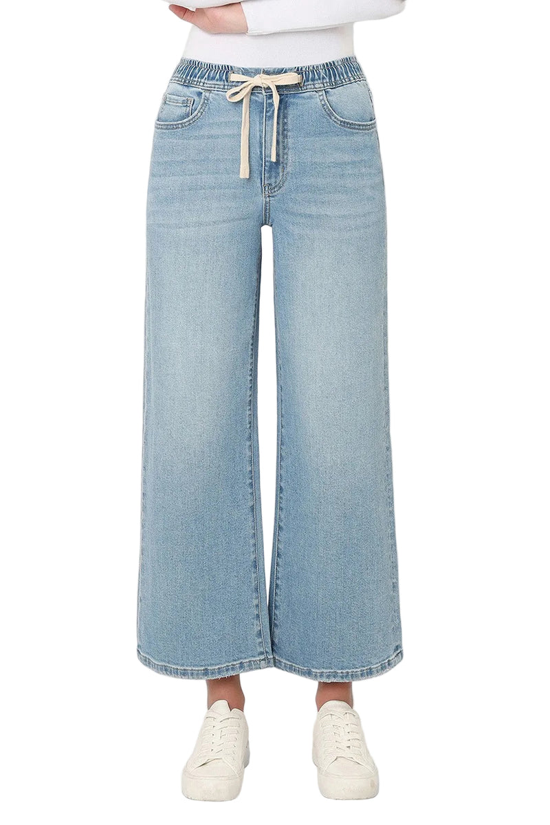 Women's Super High Rise Elastic Waistband Crop Wide Leg Jeans 