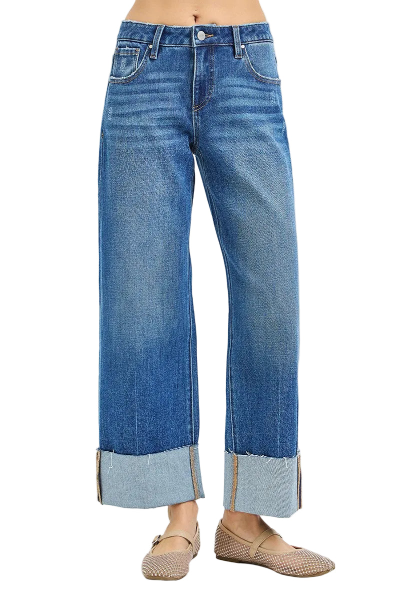 Risen Women's 4 Way Stretchy Mid Rise Cropped Straight Jeans With Cuffed Hem 