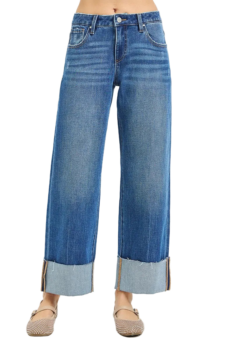 Risen Women's 4 Way Stretchy Mid Rise Cropped Straight Jeans With Cuffed Hem 