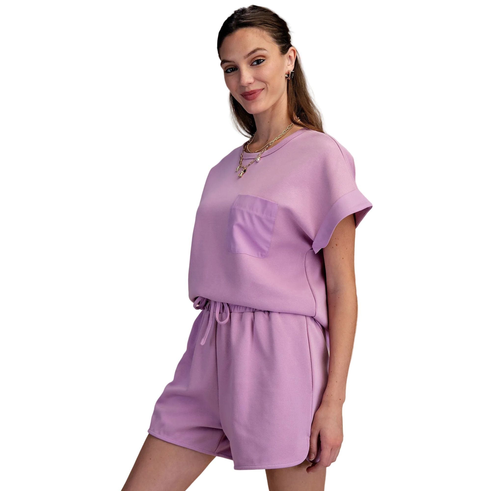 Women's Lavender Round Neck Short Sleeve Top GT9556
