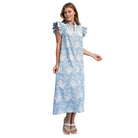 Women's Blue Floral Embroidered Gingham Print Midi Dress TE1768