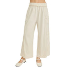 Women's Natural Mineral Washed Eyelet Flower Patch Wide Leg Pants HP6459P1