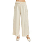 Women's Natural Mineral Washed Eyelet Flower Patch Wide Leg Pants HP6459P1