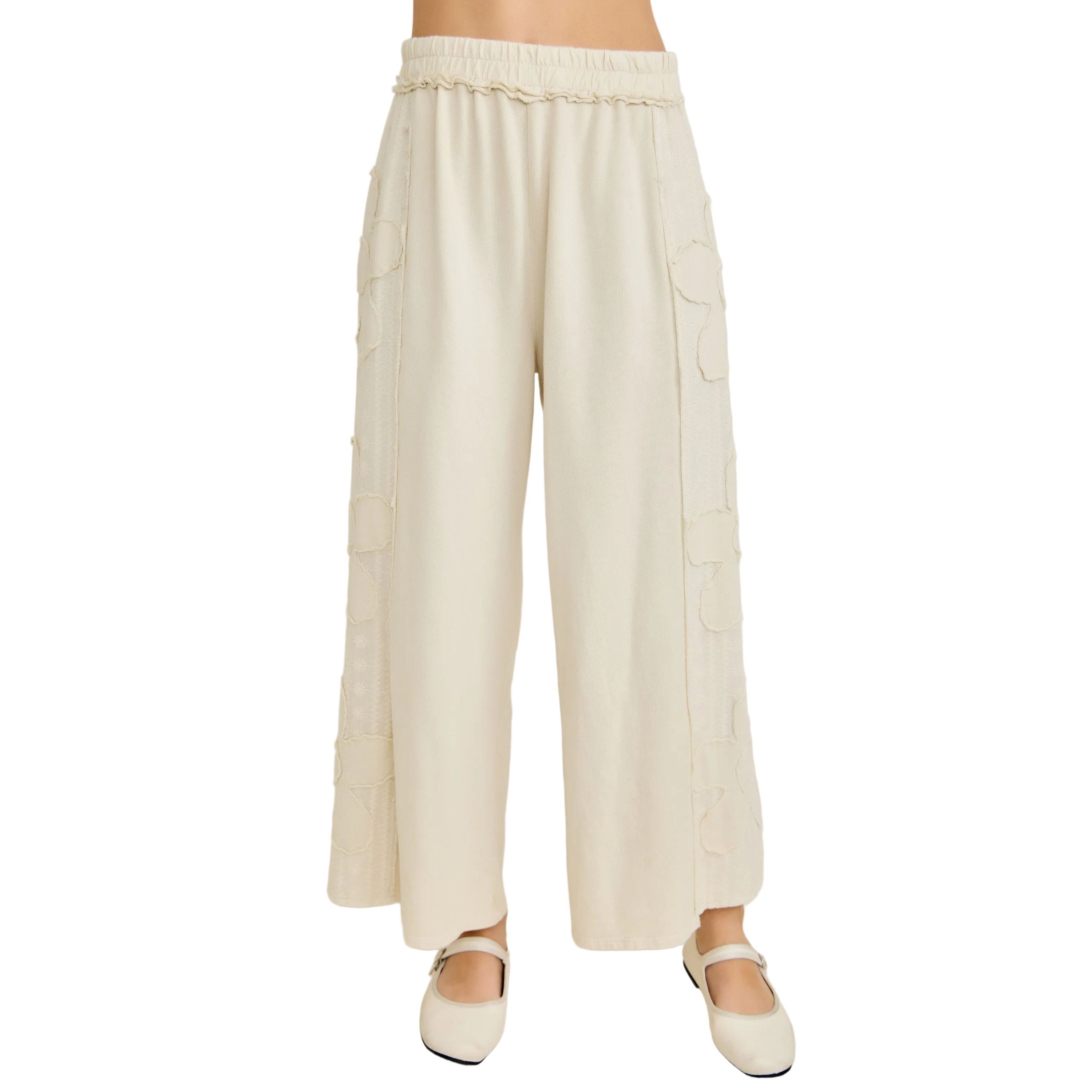 Women's Natural Mineral Washed Eyelet Flower Patch Wide Leg Pants HP6459P1