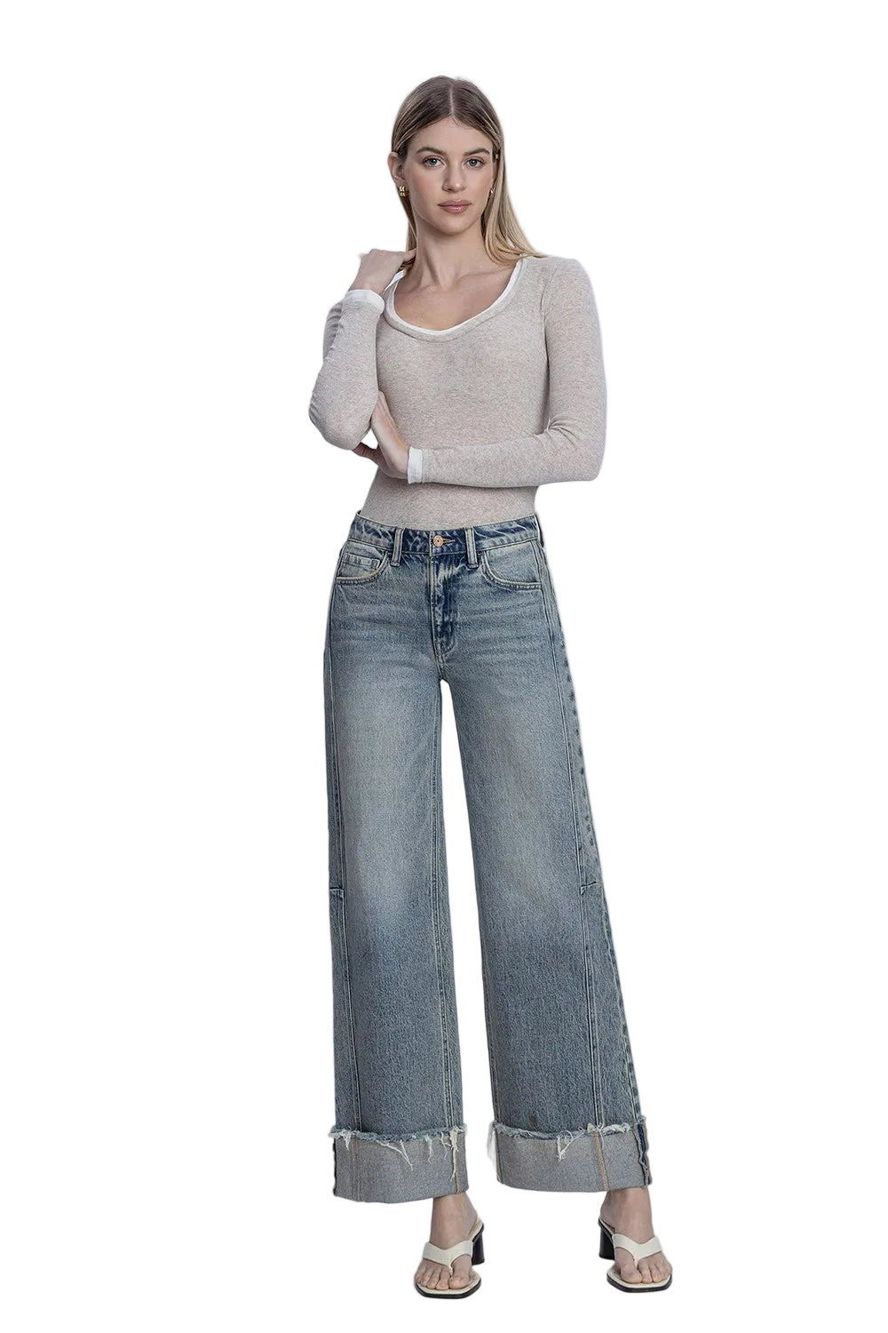 Vervet Women's High Rise Full Length Cuff Tinted Wide Leg Jeans T7326